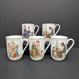 Vintage Norman Rockwell 1982 Museum Collector Coffee Tea Cups Set of 5